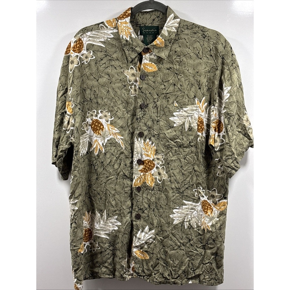 Scandia Woods‎ Hawaiian Shirt Mens Large Green Pineapples 100% Rayon